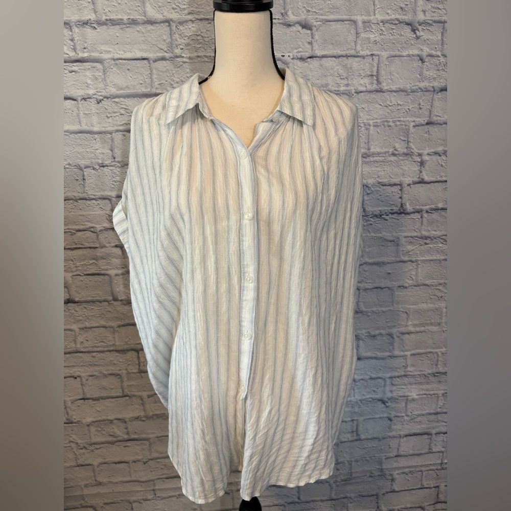 a.n.a Striped Button-Up Blouse - white  and blue